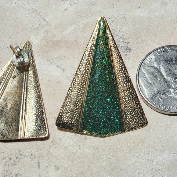 Vintage 80s does 30 sparkle glitter green and gold post earrings - Picture 8 of 8